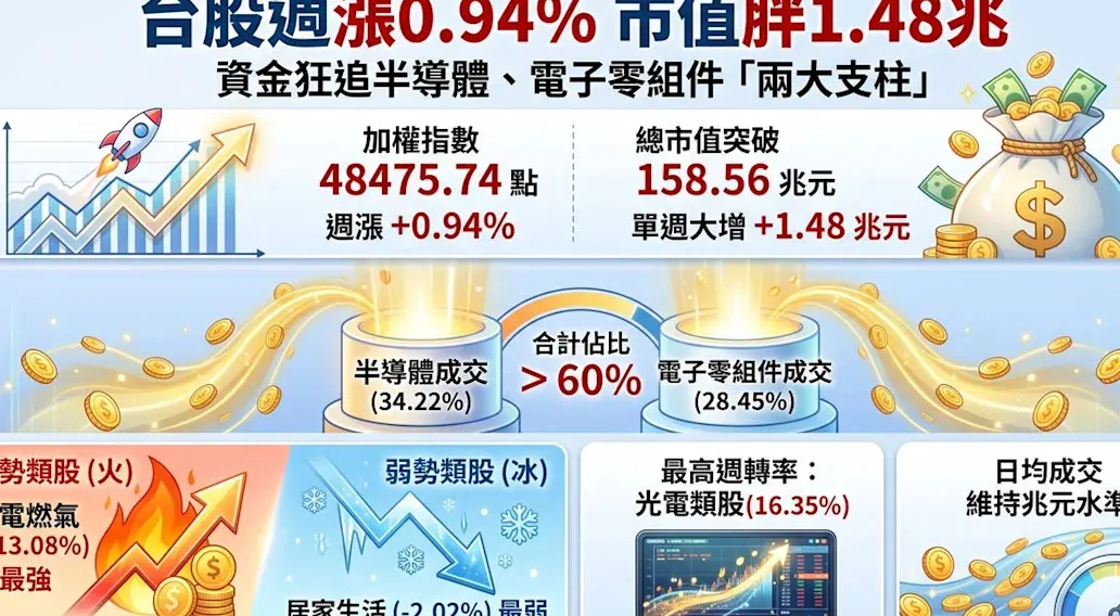 台股上週市值大增一點四八兆 半導體與電子零組件吸走六成資金 cover